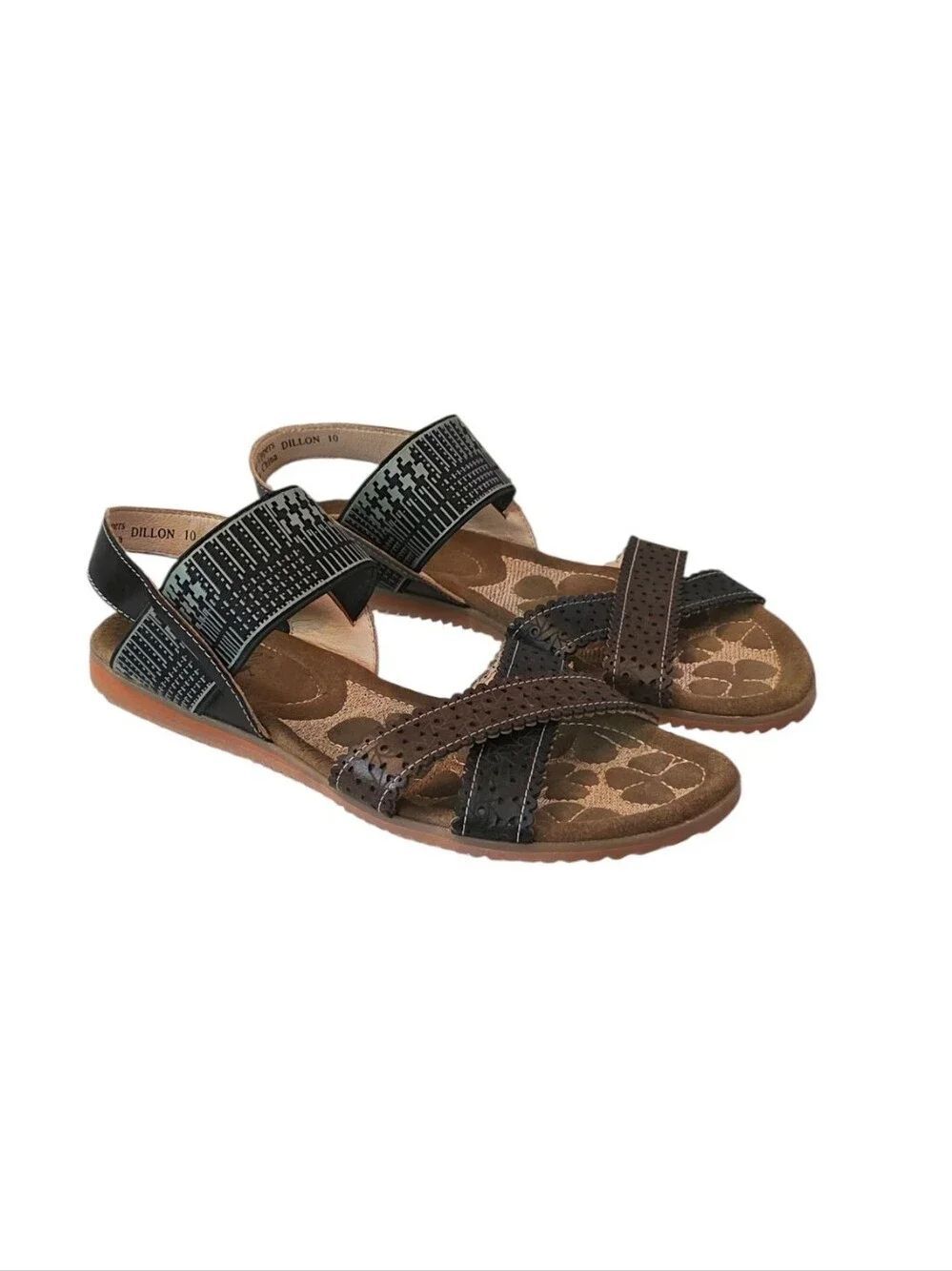 Elite By Corkys Dillon Black & Brown Leather Laser-Cut Sandal Size 10